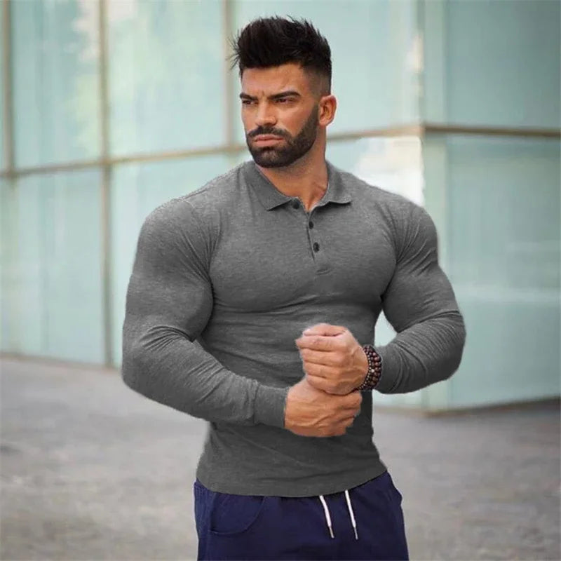 Brand Polo-Shirts Long Sleeve Male Cotton Solid Fitness Mens Slim Fit Fashion Autumn Breathable Polo Shirt