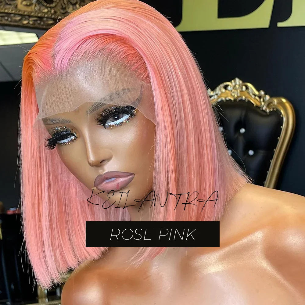 Lime Green Bob Lace Front Wigs Human Hair Wigs Glueless Short Bob Wigs Straight 13X4 Colored Lace Frontal Wigs Rose Neon