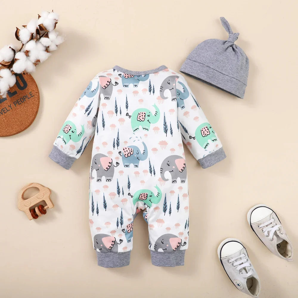 0-18 Months Baby Clothes Newborn Boy Romper Long Sleeves Animal Print Jumpsuit with Hat 2PCS Clothing Infant Baby Bodysuit