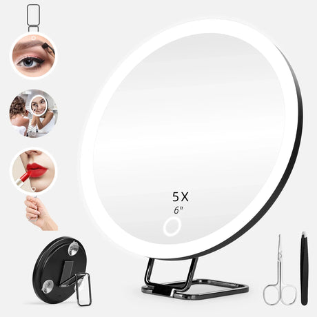 6 Inch Magnifying Mirror with Light, 5-30X Portable Travel Magnified Mirror with 360° Adjustable Stand and Suction Cup