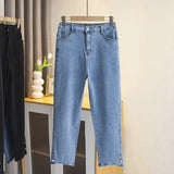 Plus Size Boyfriend Black Drainpipe Jeans For Women HIGH Waist Button Leg Opening Slim Denim Cotton Ankle-Length Straight Pants