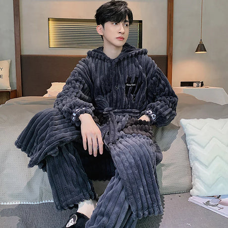 2PCS Hooded Sleepwear Thicken Warm Plush Flannel Robe Set Winter Pajamas for Couples Soft Pajama Man Cartoon Sleeping Bathrobe