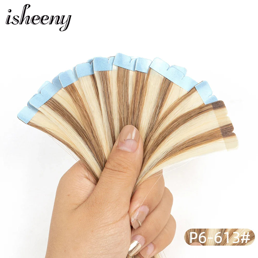 Isheeny Mini Tape Hair Extensions 12"-24" Machine Remy Skin Weft Adhesive Tape In Human Hair Natural Black Brown Blonde Tape On