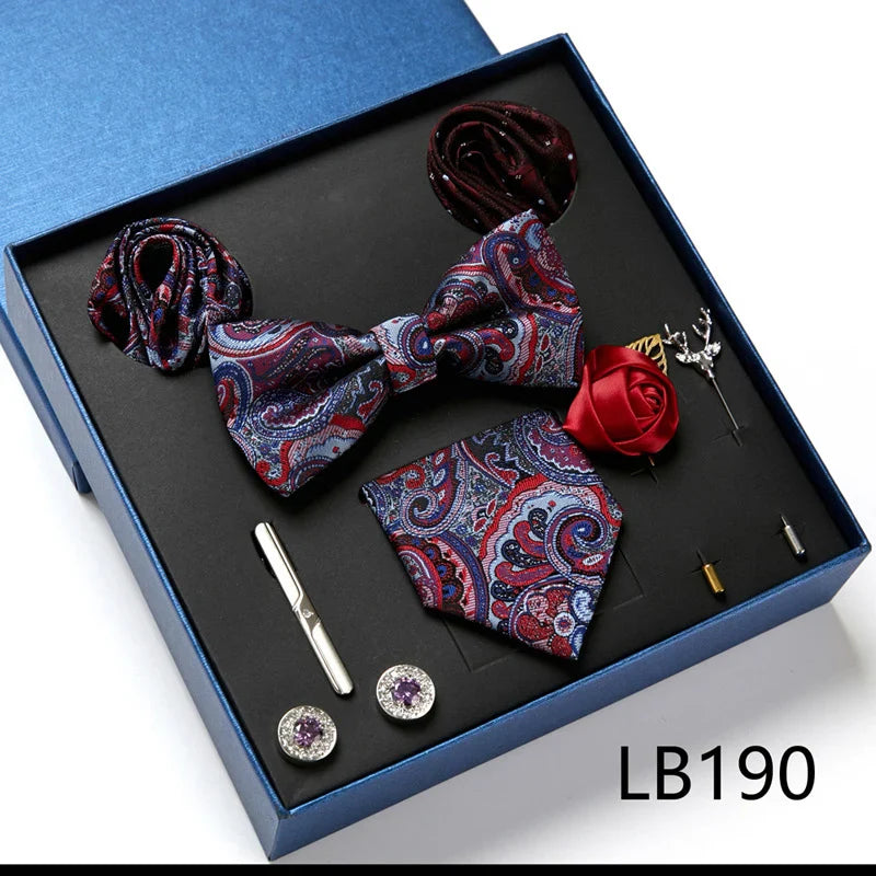 Fashion Men's Tie Gift Box Luxury Brand Necktie Bowtie Pocket Square Brooches Cufflinks Clips Suit For Party Wedding Man Gifts