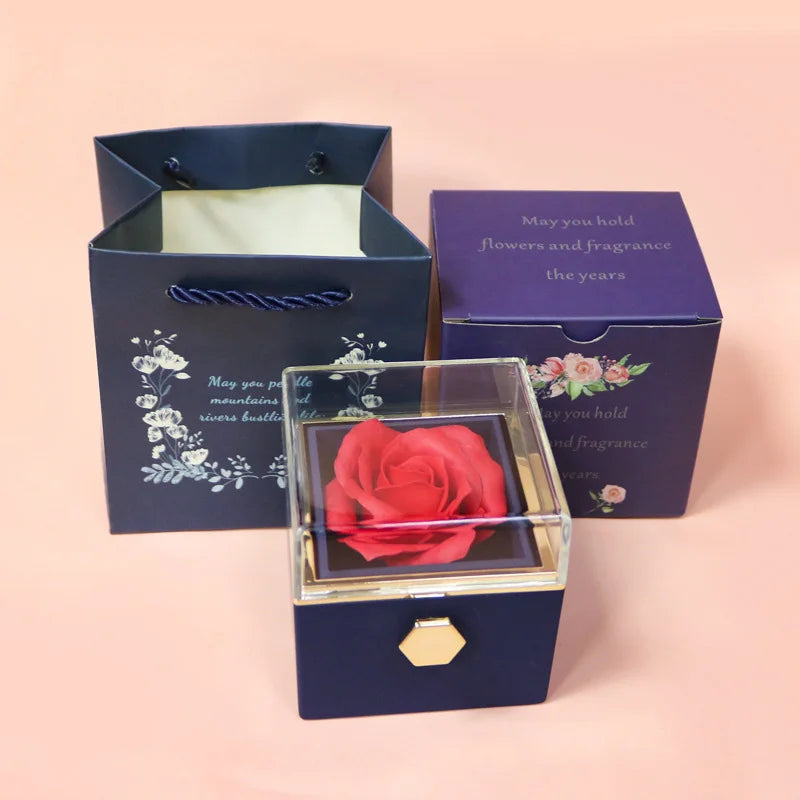 New Rotation Rose Jewelry Gift Box Valentine's Day Marriage Acrylic Ring Boxes Necklace Storage Rose Jewelry Display Rack