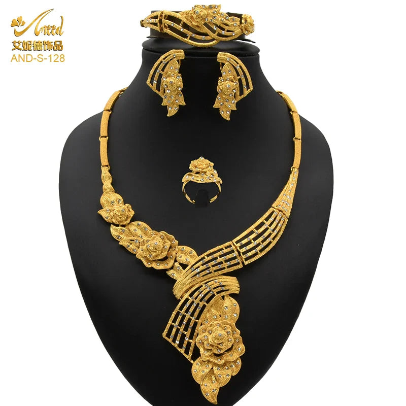 ANIID Indian Jewellery Set Party Wedding Dubai Gold Color Jewelry For Women Necklac Bracelet Earring Gift Nigeria Ethiopian