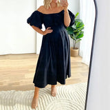 KUCLUT Women Plus Size Dress Simple Solid Puff Short Sleeve Strapless Off Shoulder Nipped Waist Slim Office Oversize Dresses