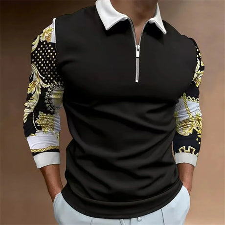 Men's casual printing new long sleeved Polo shirt autumn and winter lapel zippered T-shirt top Golf men's high-quality street we