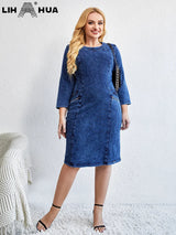 LIH HUA Women's Plus Size Denim Dress Autumn Chic Elegant Dresses For Chubby Women Round Neck Cotton Knitted Dress