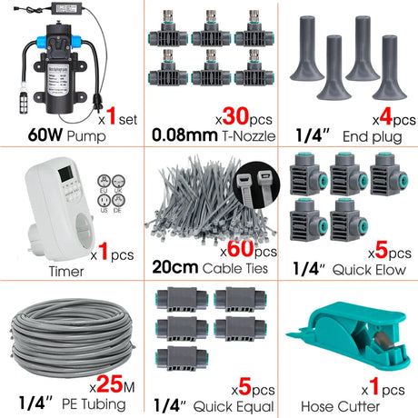 60W Self-Priming Pressurize Pump Mist Nozzle Watering System 20cm Flexible Adjustable Spray Timer Automatic Irrigation Equipment