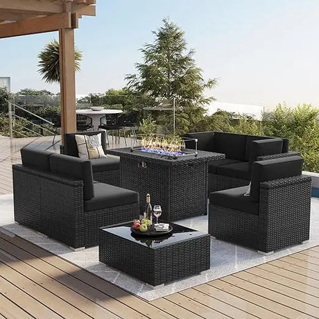 7/8 Pieces Outdoor Patio Furniture Set with  Fire Pit Table Rattan Sectional Sofa Conversation Sets Moden Set for Garden