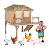 Oenux Farm House Model Action Figures Farmer Motorcycle Cow Hen Pig Animals Set Figurine Miniature PVC Cute Educational Kids Toy