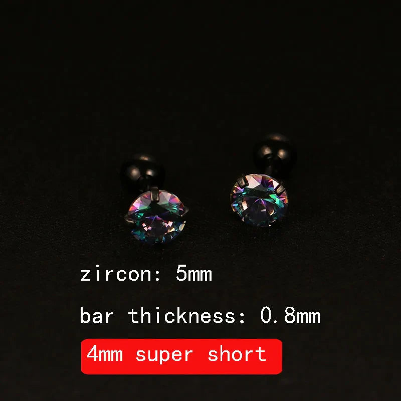 2PCS 4mm Short Ear Studs Earring Outside Upper Helix Earrings Titanium Steel CZ Crystal 3mm 4mm 5mm Mix Colors 0.8mm 20G Screw