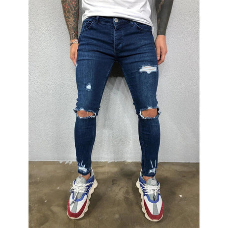 Distressed Knee Holes Elastic Skinny Jeans Men Ripped Biker Denim Pants Solid Washed Streetwear Black Pantalones Hombre Joggers