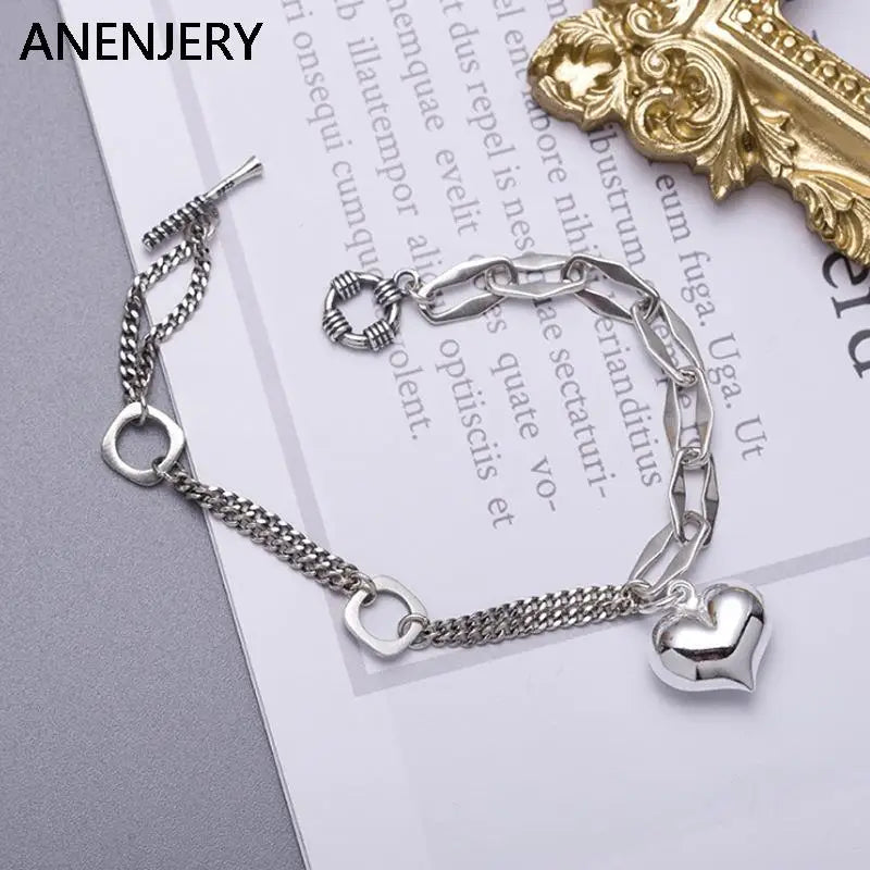 ANENJER Silver Color Star Ball Heart Pendant Bracelet for Women Men Retro Distressed Handmade Chain Party Jewelry pulseras