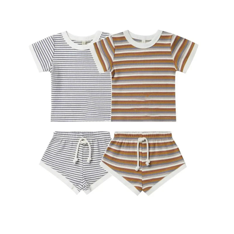 0-2Yrs Summer Striped Clothes For Newborn Baby Causal Cotton Short Sleeve  T-Shirts Shorts 2Pcs Summer Unisex Baby Clothing