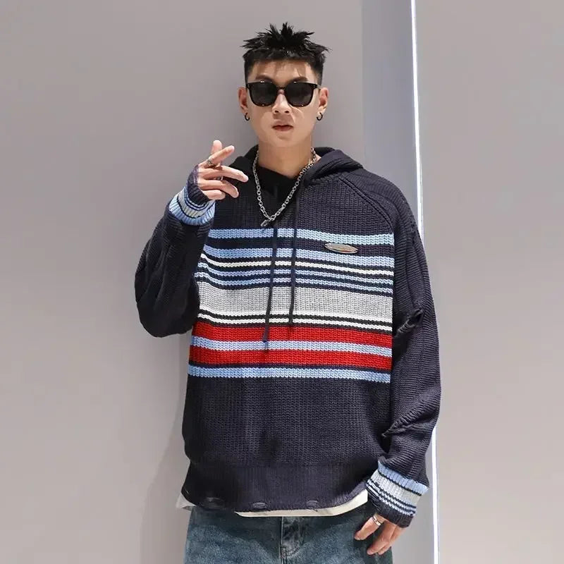 Man Clothes Aesthetic Pullovers Knitted Sweaters for Men Icon Hoodies Torn with Holes Striped Red Sweat-shirt Fashion 2023 Meme