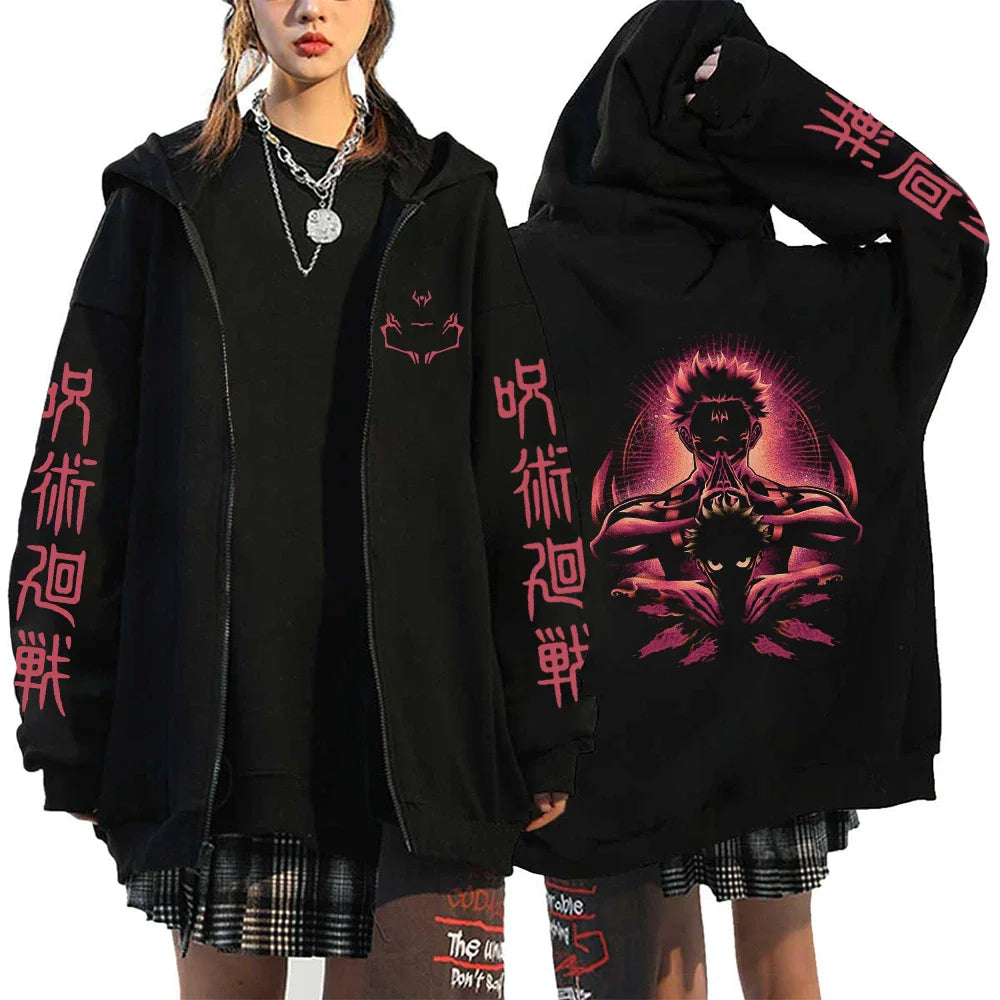 Women Men Anime Zip Hoodies Jujutsu Kaisen Plus Size Zipper Jackets Gojo Satoru Printed Sweatshirt Y2k Harajuku Unisex Hooded