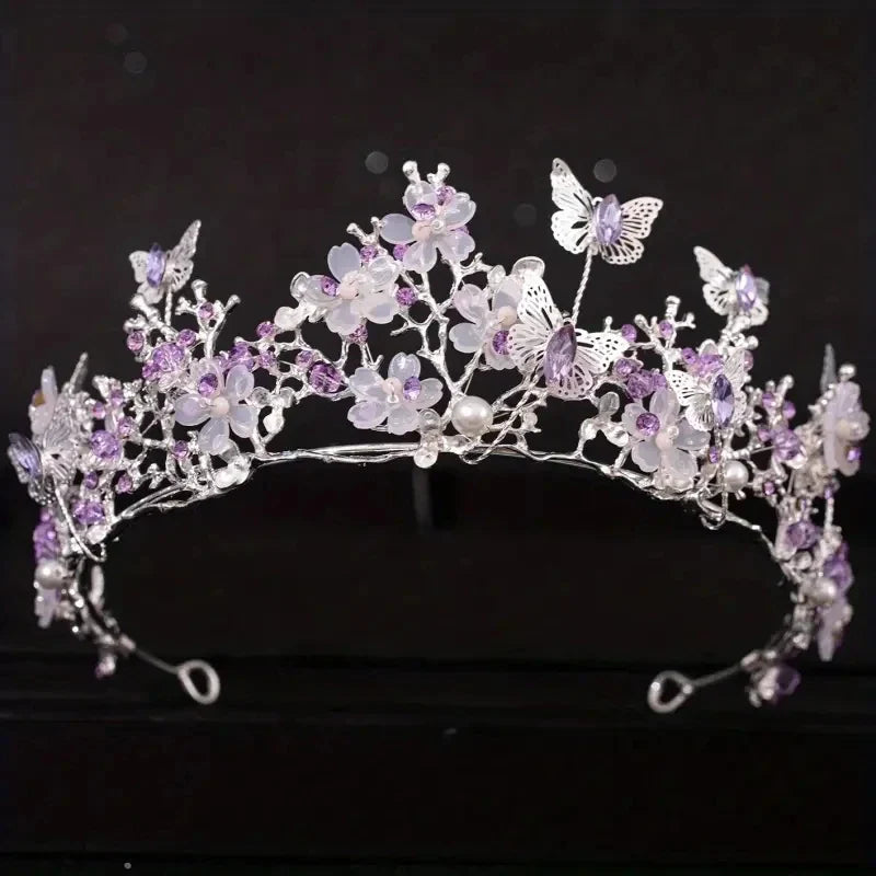 Handmade Bridal Pearl Rhinestone Crown Tiara Butterfly Floral Crown Wedding Gift Floral Design Crown Hair Accessories