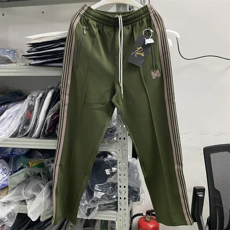 New Army Green Needles Pants Men Women 1:1  Embroidered Butterfly Track Pants Straight AWGE Trousers