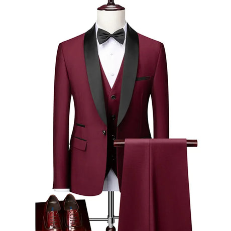 Men Skinny 3 Pieces Set Formal Slim Fit Tuxedo Prom Suit / Male Groom Wedding Blazers High Quality Dress Jacket Coat Pants Vest