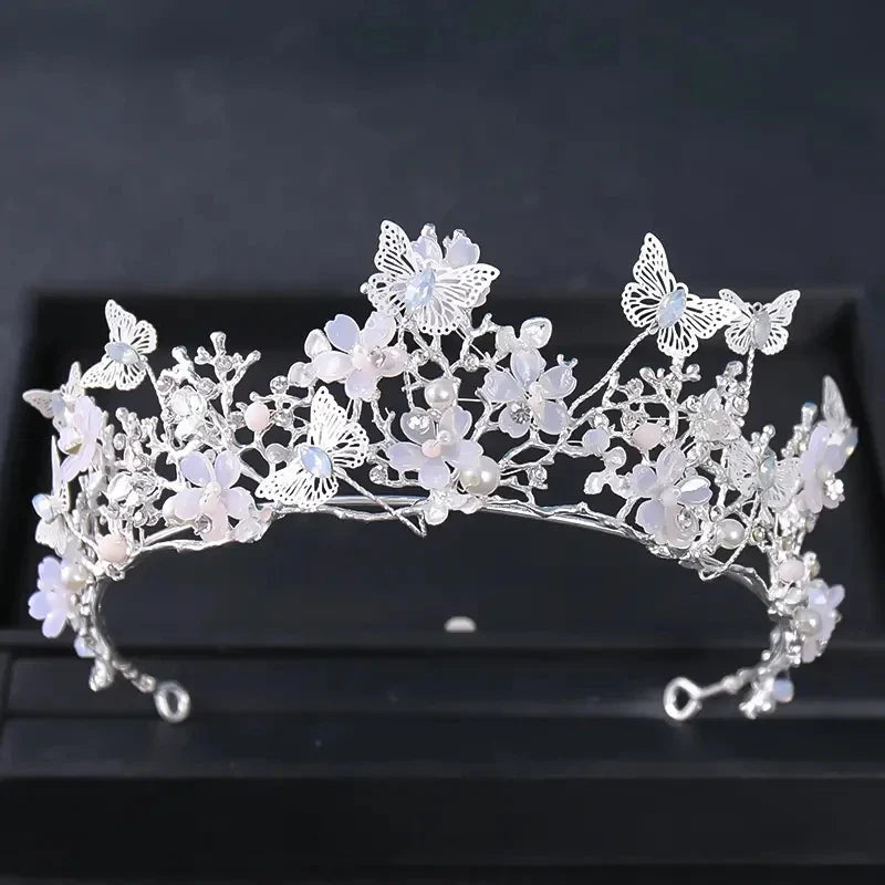 Handmade Bridal Pearl Rhinestone Crown Tiara Butterfly Floral Crown Wedding Gift Floral Design Crown Hair Accessories