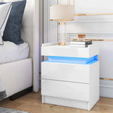 White LED Nightstand LED Bedside Table with High Gloss Drawers Modern Matte Led Night Stand with Border Table for Bedroom US