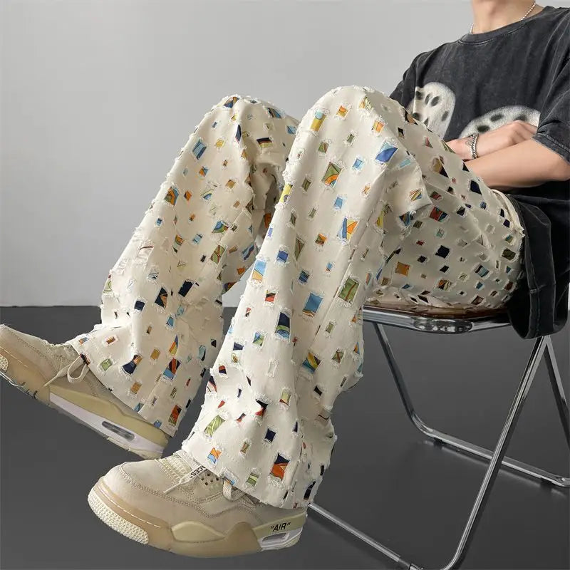 Hollow design floral pants men American retro trendy colorful plaid fake hole straight pants lace up men pants y2k clothing tops