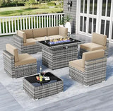 7/8 Pieces Outdoor Patio Furniture Set with  Fire Pit Table Rattan Sectional Sofa Conversation Sets Moden Set for Garden