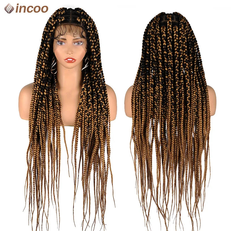 Jumbo Knotless Box Braids Wig For Black Women Synthetic Cornrows Wig Faux Locs Dreadlocks Full Lace Front Wigs Tribal Braides