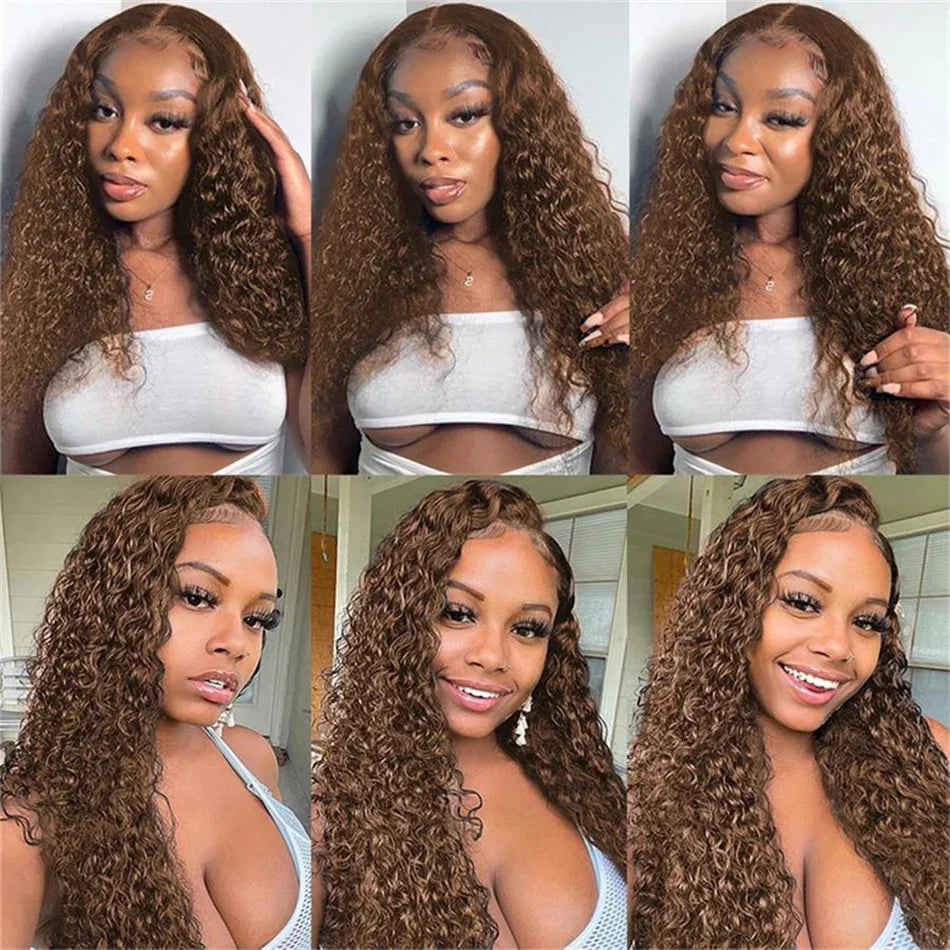 13x4 Glueless Deep Curly Chocolate Brown Lace Front Human Hair Wigs For Women Water Wave Lace Frontal Wig Colored Human Hair Wig