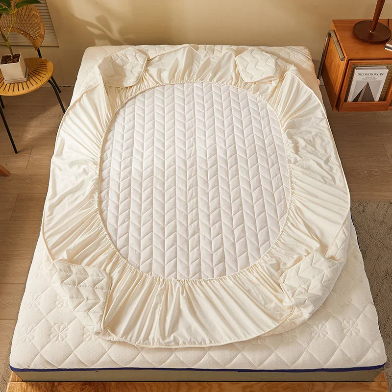 Cotton Quilted Fitted Mattress Cover Solid Color Soy Fibre Fitted Sheet Soft Bed Cover Mattress Topper Protector No Pillowcase