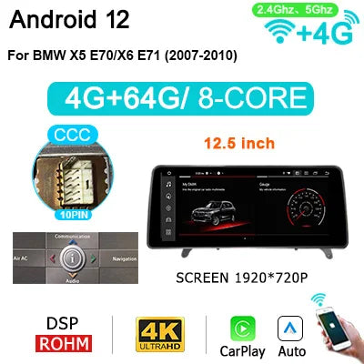 10.25'' Android 12 car Radio autoradio with screen for BMW X5/X6 E70 E71 CCC/CIC Carplay Bluetooth intelligent system Navigation