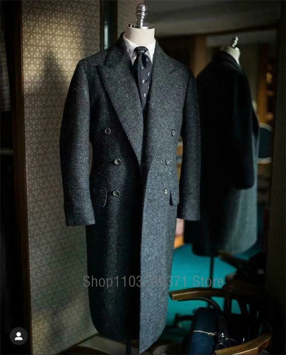 Herringbone Suit Jackets Men Tweed Wool Blend Trench Coat Long Double Breasted Overcoat Military Business Blazer Tailore Made