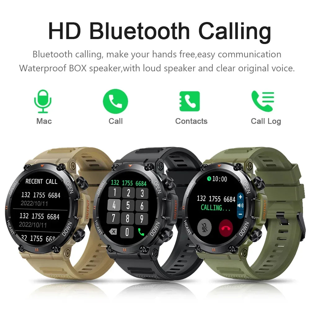 Military Men Smart Watch 400mAh BT HD Calling Music Fitness Tracker 100+ Dial Sport Waterproof Smartwatch for Android Phone 2024