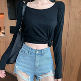 Womens Hollow Backless Long Sleeve Loose T-Shirt Tops Scoop Neck Pullover Top