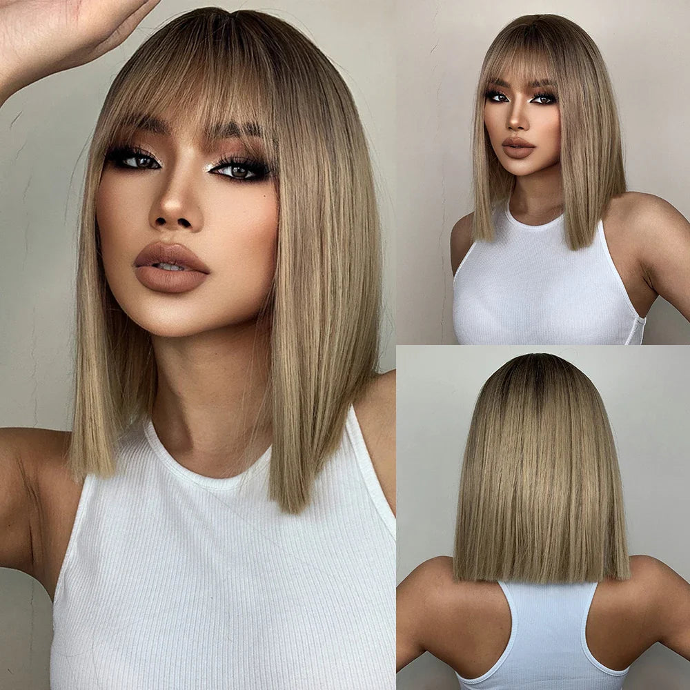 Brown Blonde Short Straight Synthetic Hair Wigs with Bangs for Women Golden Highlight Bob Wigs Cosplay Natural Heat Resistant