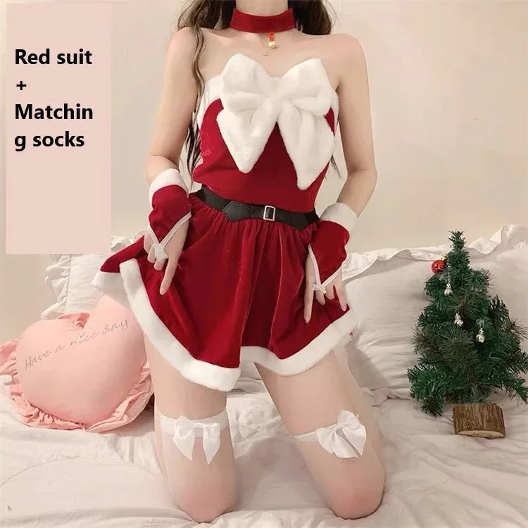 Santa Girl Christmas Dress Female Sense Carnival Dress Up Party Show Costume Red Bowdress Flannel Cosplay Holiday Party Kawaii