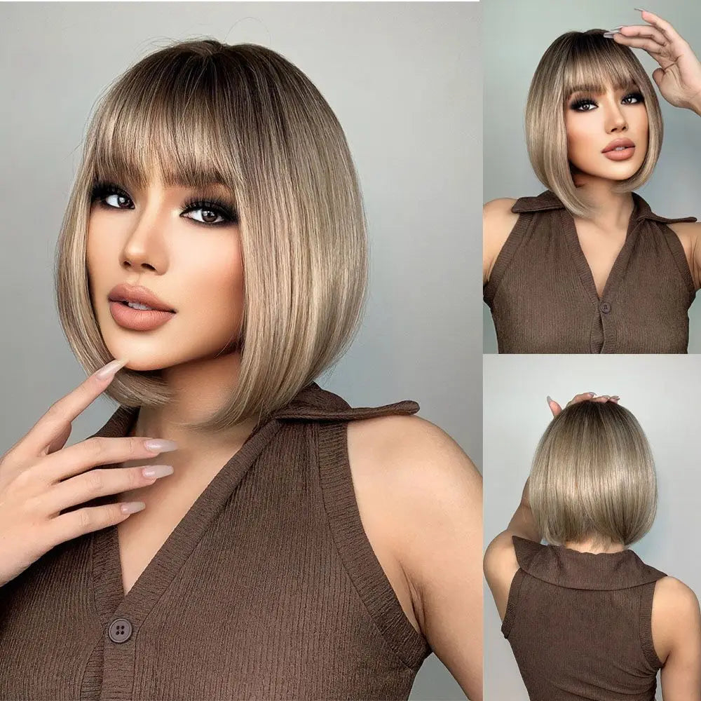 Brown Blonde Short Straight Synthetic Hair Wigs with Bangs for Women Golden Highlight Bob Wigs Cosplay Natural Heat Resistant