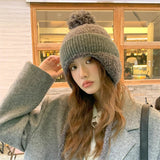 Women Pompom Ear Warmer Bonnet Fleece-lined Ear Protection Beanies Caps Knitted Hat Lace-up Winter Warm Thickened Ear Flap Hat