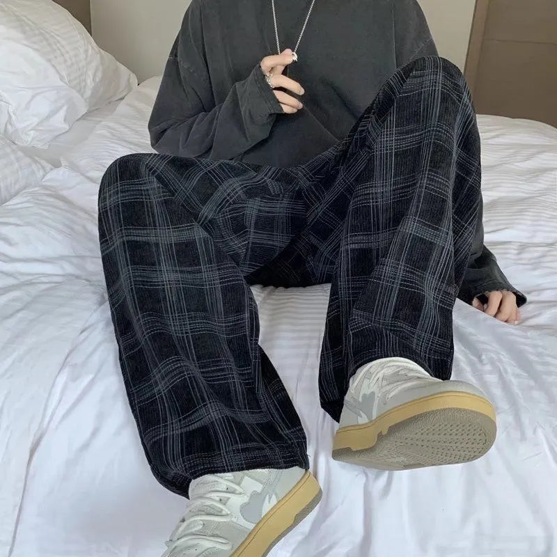 Men Checkered Casual Pants Loose Straight Corduroy Pants Sweatpants Man Fashion Streetwear 2023 Spring New Hip Hop Trousers