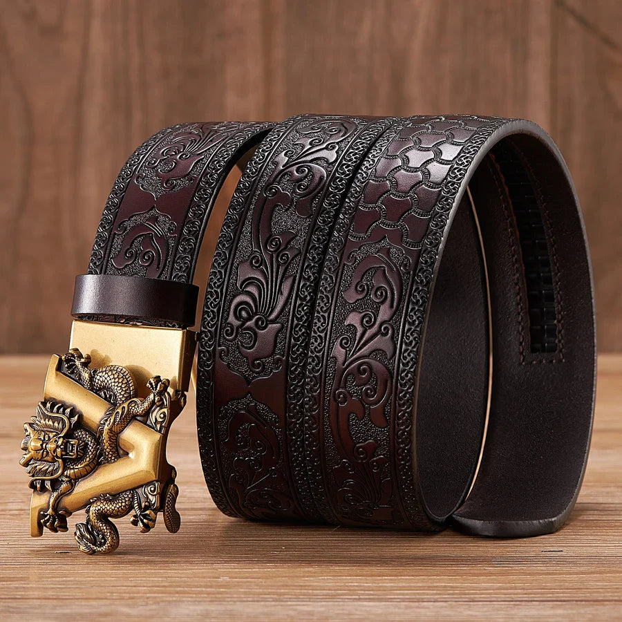 3.5CM V Buckle Cowskin Genuine Leather Belt Quality Alloy Automatic Buckle Print Wasitbad Strap Gift Bussiness Male Belt Men