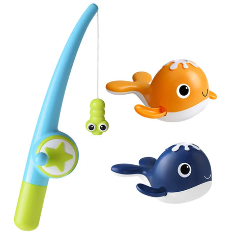 Magnet Baby Bath Fishing Toys Wind-up Swimming Whales Bathtub Toy Fishing Game Water Tub Toys Set with Fishing Pole Net for Kids