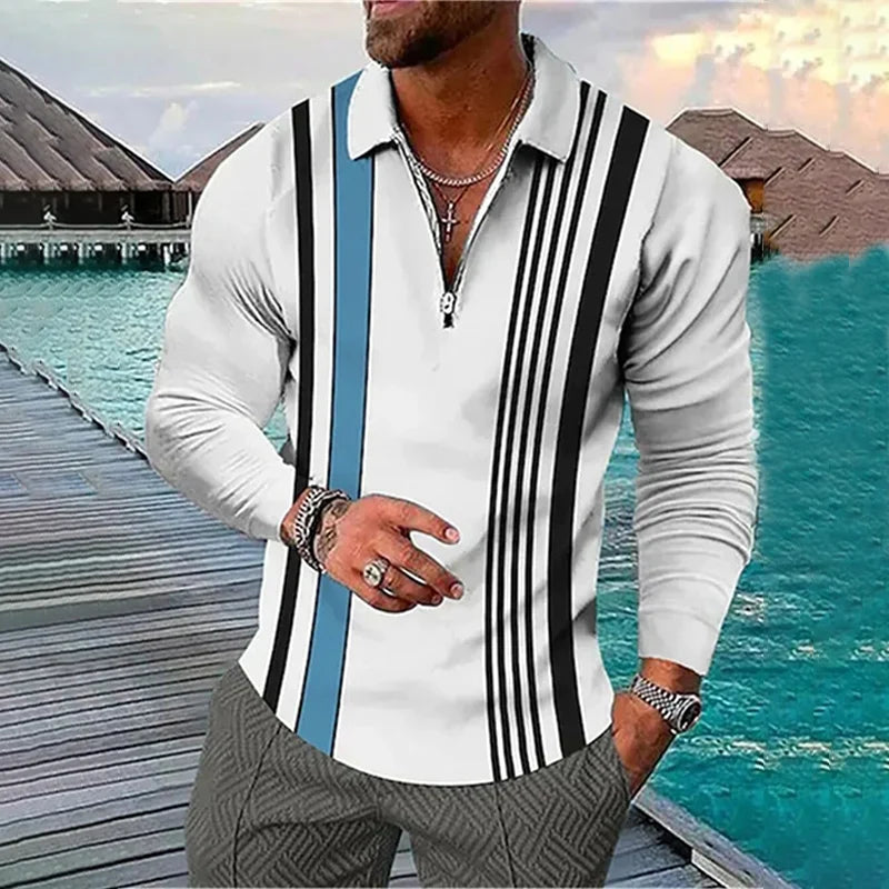 Men Long Sleev Fashion Zipper Polo Shirt , Men Casual Sport Lapel Tops Polo Shirt .