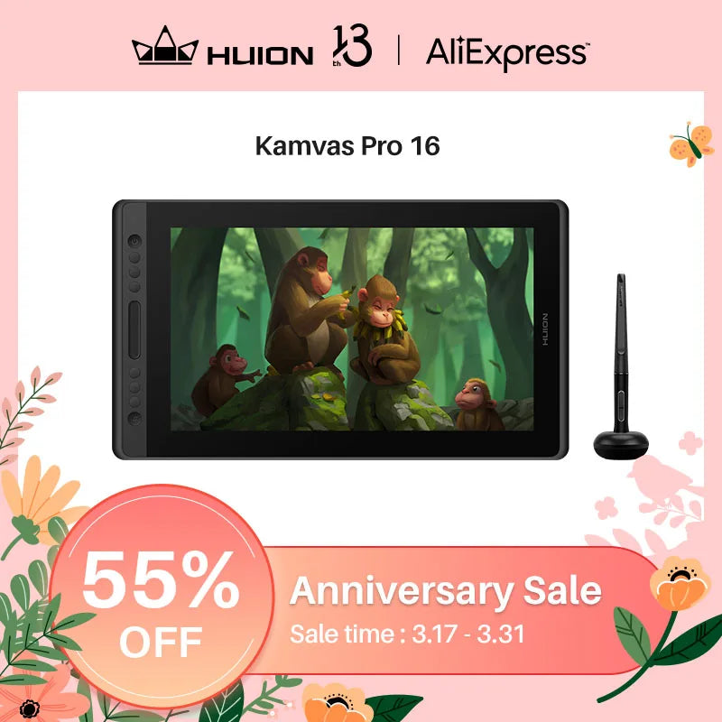 Huion Graphic Monitor Kamvas Pro 16 Drawing Tablet Screen 15.6 Inch Digital Tablets Draw Display with Battery-free Stylus Pen