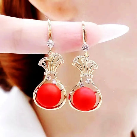 Jea. Angel Vintage Red Pearl Round Silver Color Earrings For Women Wedding Party Elegant Jewelry Fashion Accessories Gifts