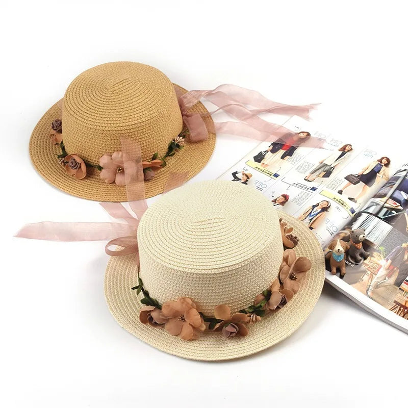 Simple Parent-child Summer New Women's Sun Hat Bucket cap beige lace Bowknot Flowers Ribbon Flat top Straw Hat Beach Caps Panama