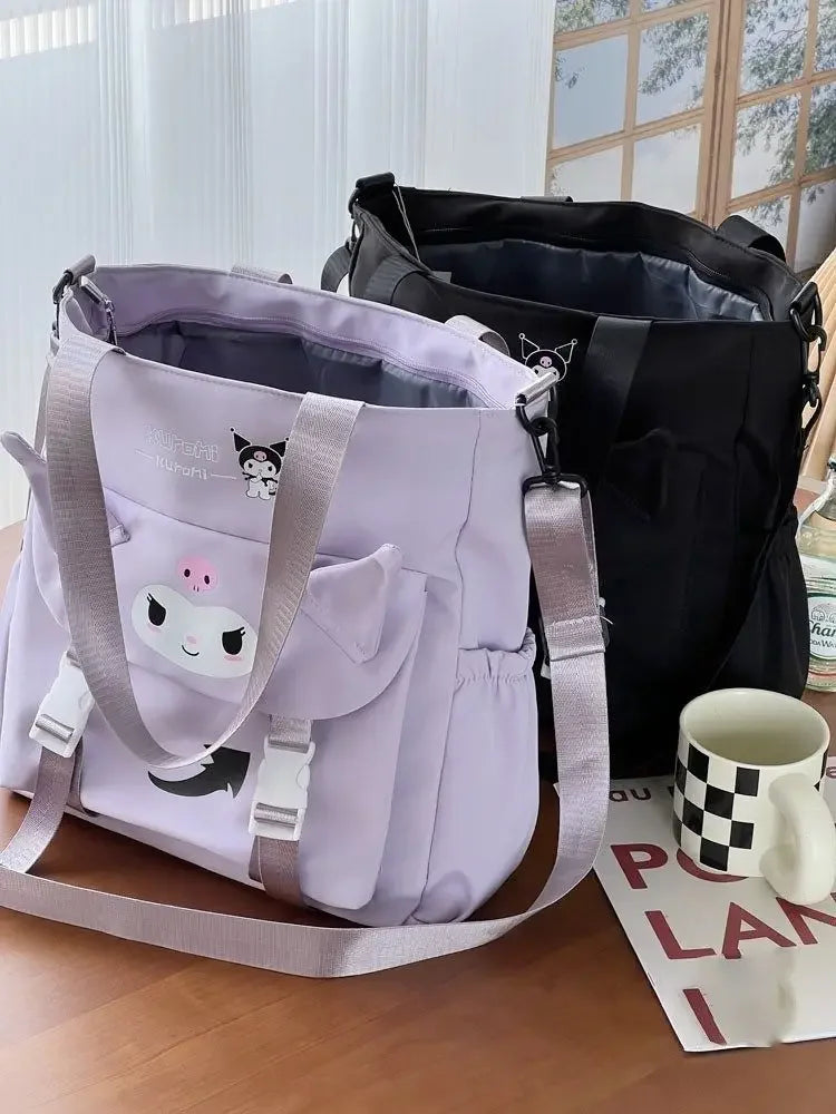 Sanrio Cartoon Cute Kuromi Shoulder Crossbody Tote Bag High School and College Student Canvas Bag for Class Tuition Bag