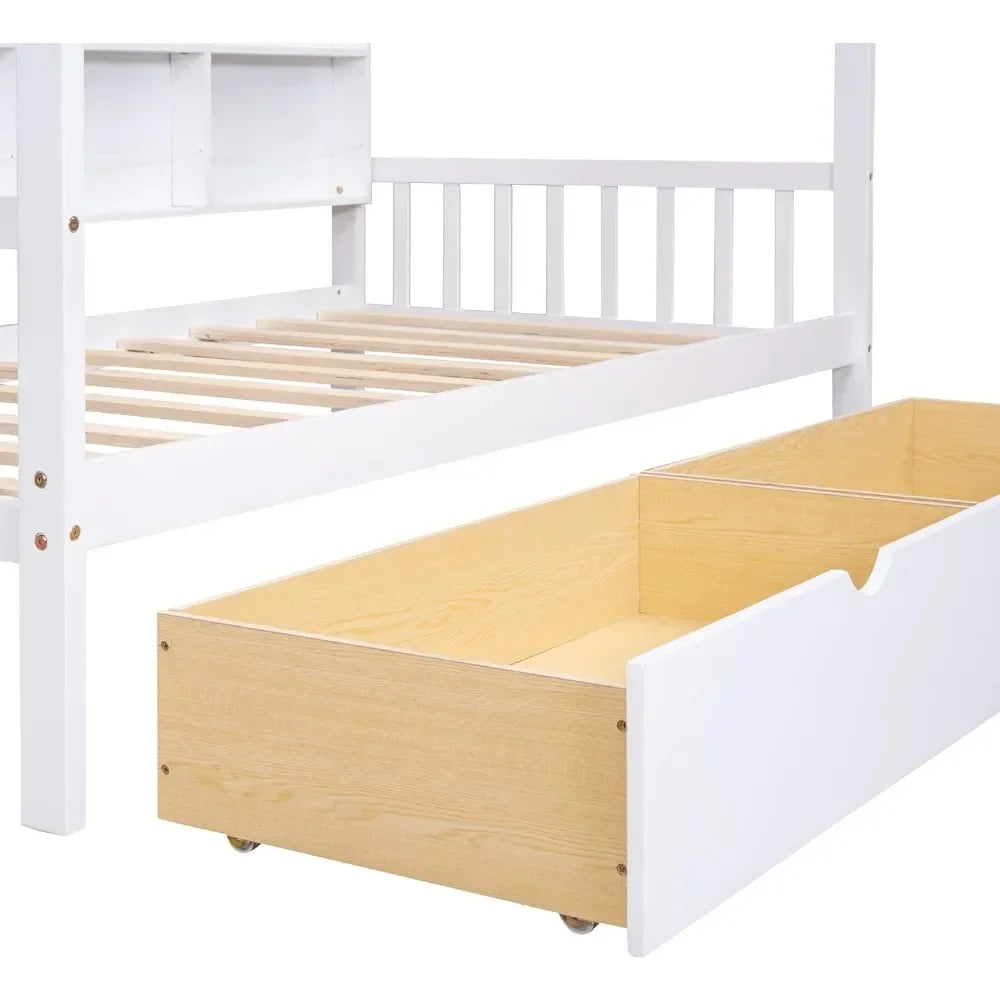 Twin Room Bed with Drawers for Children, Wooden Children's Bed Frame with Roof Design, Suitable for Boys, Girls (twin, White)