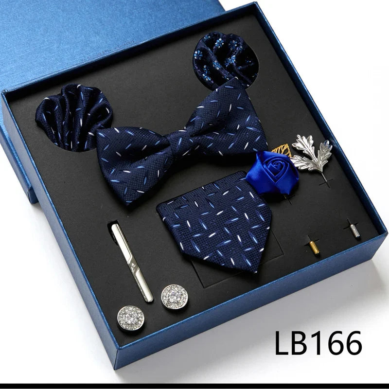 Fashion Men's Tie Gift Box Luxury Brand Necktie Bowtie Pocket Square Brooches Cufflinks Clips Suit For Party Wedding Man Gifts